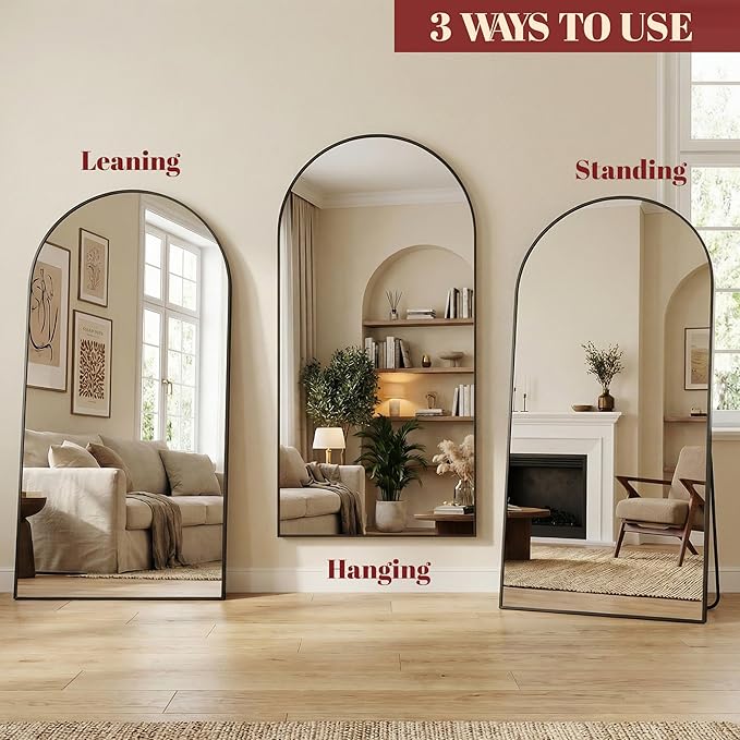 Suidia 76"x34" Arched Full Length Mirror with Stand, Full Body Mirror with Aluminum Frame, Freestanding/Leaning/Wall-Mounted, Floor Mirrors for Bedroom, Living Room, Entryway, Dressing Room, Black