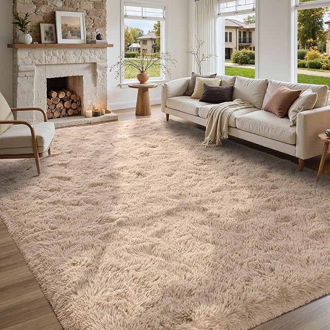 5x7 Living Room Rugs Fluffy Neutral Beige Area Rug，Modern Plush Non-Slip Soft Bedroom Shag Carpet for Book Room Office,Coffee Stain Resistant