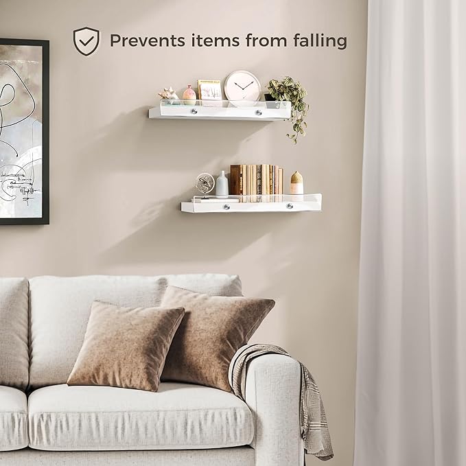 3 Pack Wooden Floating Shelves for Wall with Acrylic Front Lip, 15.7 IN Wall Mounted Rustic Style Shelves for Bathroom, Bedroom, Living Room, Kitchen, Hanging Shelves, White