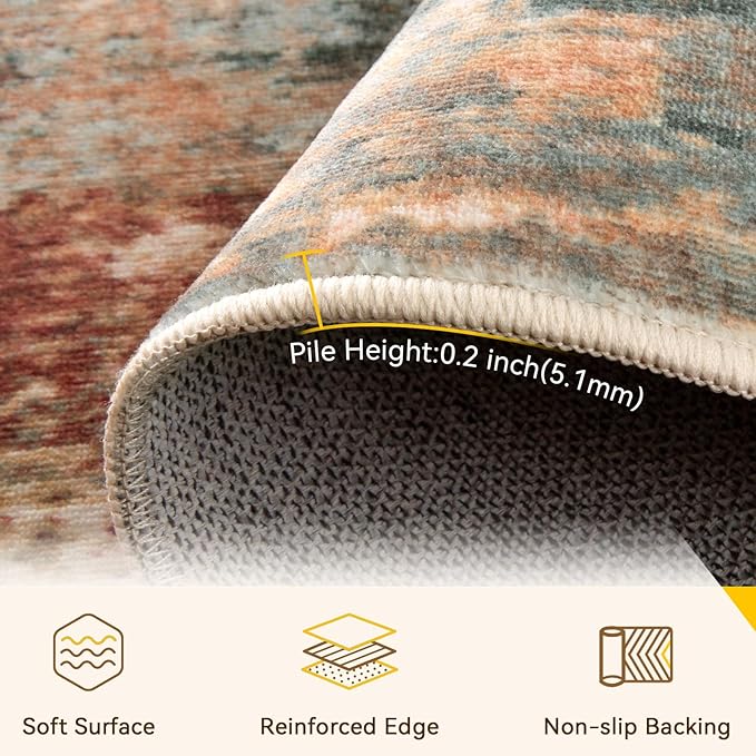 RELEANY Washable Area Rugs 2'x5' Non-Slip Modern Abstract Soft for Living Room Entryway Bedroom Nursery, Print Pattern, Brown Rust Red Green Blue Multi