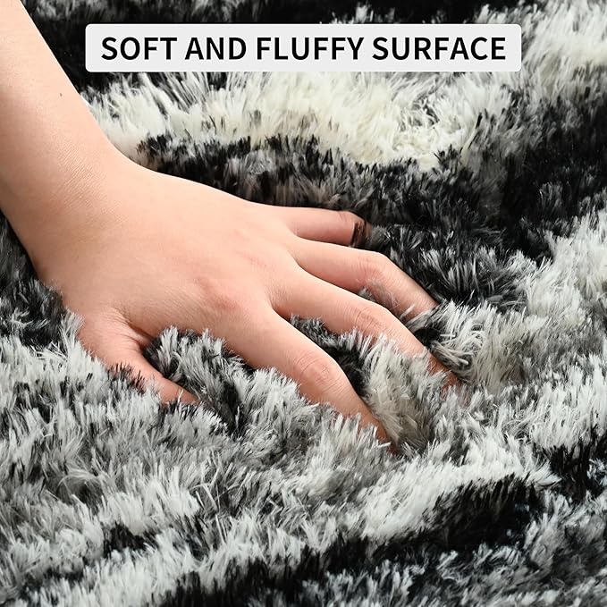 Tepook Area Rugs 9x12 for Living Room, Super Soft Fluffy Rugs for Bedroom, Modern Shaggy Rug Fuzzy Carpets for Kids, Plush Indoor Nursery Home Decor Rug with Non-Slip Bottom, Black White