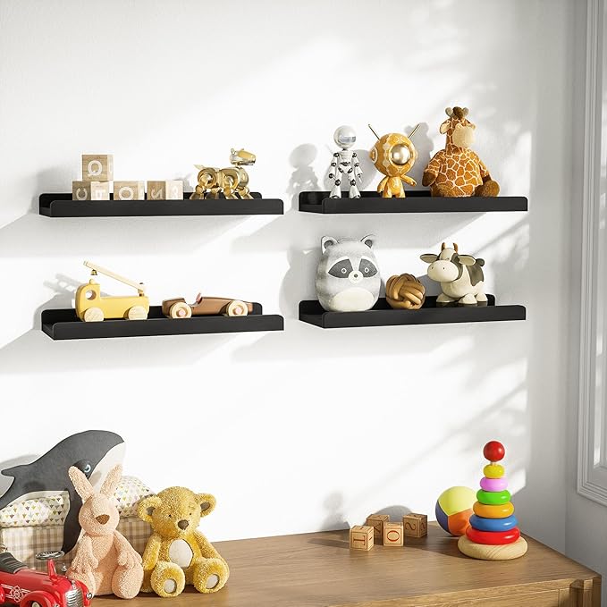 Love-KANKEI Black Floating Shelves for Wall Set of 4, Wood Wall Shelves with Lip,15.6 Inch Rustic Hanging Shelves for Bedroom Bathroom Living Room Kitchen Nursery Display