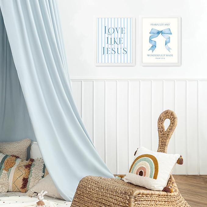 LARTSFRO Coquette Blue Bow Jesus Wall Art Decor Posters, Light Blue Bow Room Bedroom Bathroom Dorm Wall Art Decor Aesthetic for College Teen Girls Gifts, Inspirational Bible Verses Bow Wall Decor, 10x8 Inch Set of 4 Bow Pictures (WHITE FRAMED)