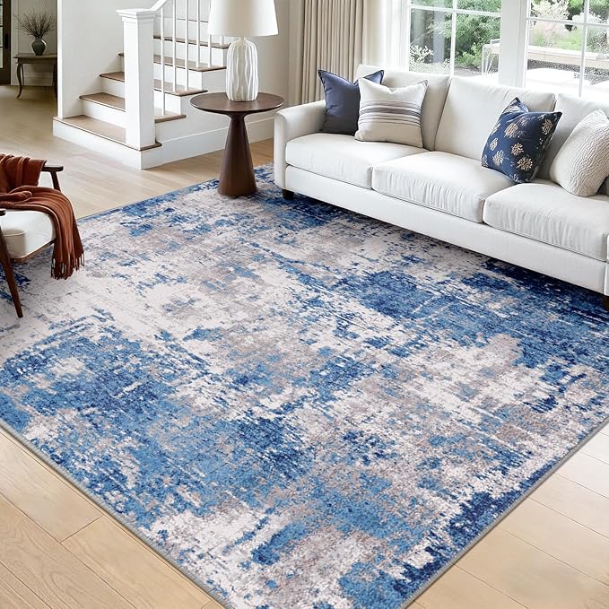 RELEANY Washable Area Rugs Square 9ft Non-Slip Modern Abstract Soft for Living Room Entryway Bedroom Nursery, Print Pattern, Blue Grey Navy Gray