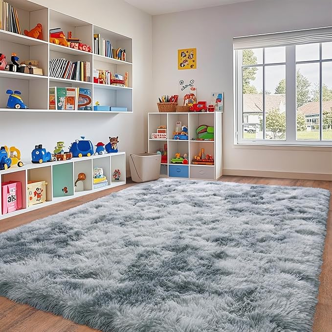 8x10 Area Rugs for Living Room, Ultra Soft Fluffy Large Shaggy Rug Carpet for Bedroom, Non-Slip Fuzzy Plush Rugs for Nursery Boys Girls Kids Room Modern Indoor Home Decor, Tie-Dye Silver Grey