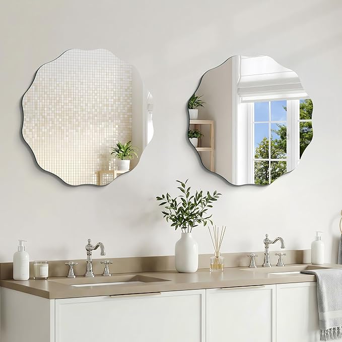 CILIBER Frameless Wavy Round Mirror, 24'' Scalloped Circle Wall Mirror, 3mm Tempered Glass Decorative Bathroom Vanity Mirror, Mounting/Leaning for Mantel, Living Room, Bedroom and Entryway