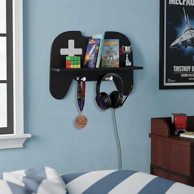 Game Room Decor Gaming Floating Shelf for Wall - Retro Controller Shaped Wooden Display Rack with Hooks for Controllers and Headphones, Black, Gaming Room Organizer for Boys and Teens