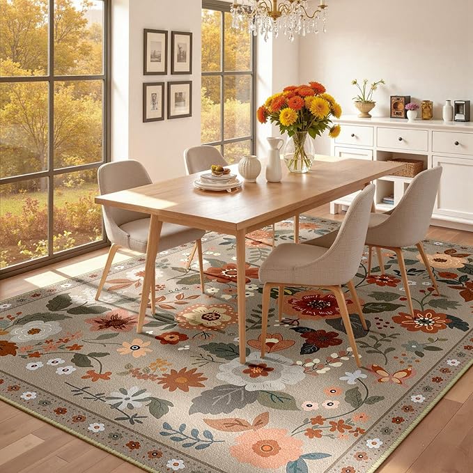 RELEANY Floral Nursery 5x7 Area Rugs Washable Print Boho Cute Carpet Non Slip Flower Low Pile for Living Room Kids Girls Playroom Bedroom Kitchen Office Farmhouse-Brown/Brick