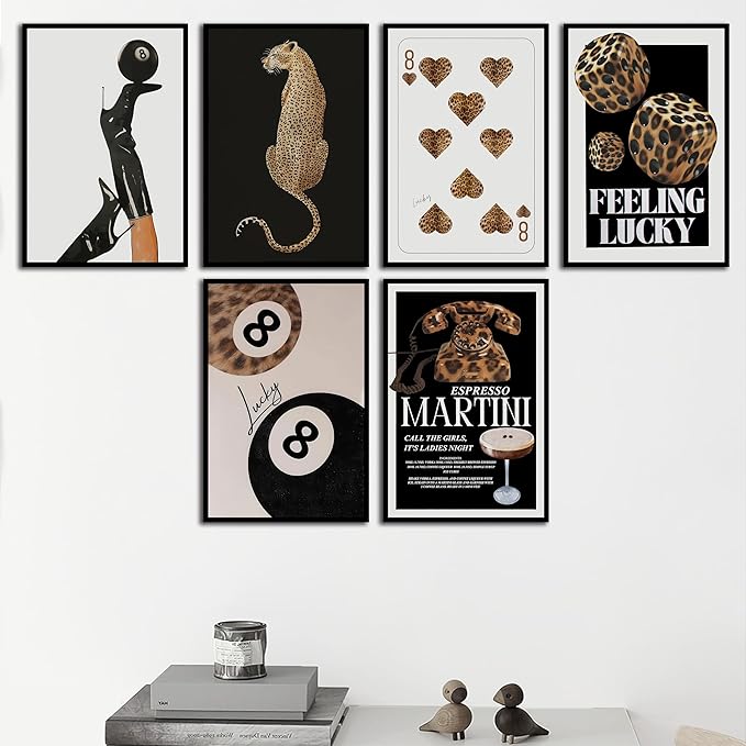ZxXzkwpP Black Cheetah Print Room Decor Poster, Trendy Fashion Leopard Print Wall Art Aesthetic Lucky 8 Ball Poster Coquette Preppy Y2k Red Funky Art For Bedroom (Black 16x24x6 Unframed)