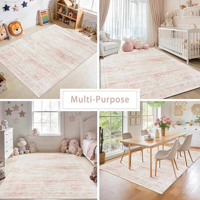 Srugn Washable Rugs 4x6 Area Rugs for Living Room,Bedroom,Kids Room,Nursery- Soft Faux Wool Small Carpets,Non Slip&Non-Shedding Low Pile Vintage Print Rugs for Enterway,Home Office Decor-Pink White