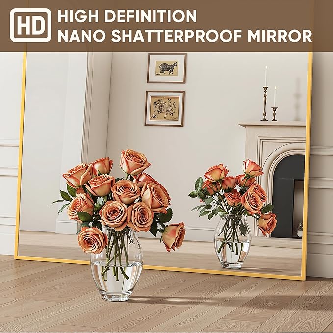 Antok Full Length Mirror, 71"x32" Floor Mirror with Stand, Hanging Mounted Mirrors for Bedroom, Living Room, Cloakroom, Dining Room, Gold, Rect