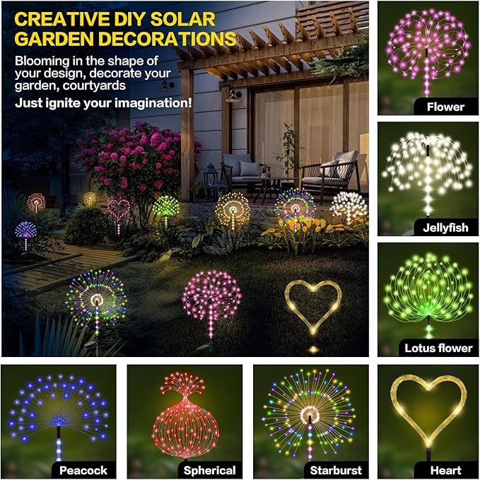 2 Pack 250LED Solar Garden Lights Outdoor, Dual Lighting Modes Firework Lights Solar Powered, Waterproof Twinkle Fairy Light Outside for Yard Patio Pathway Christmas Party Decorative(Green)