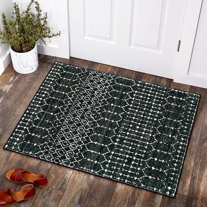 Lahome Moroccan Entry Rug 2x3, Non-Slip Washable Front Indoor Door Mat Rubber Backing Low-Profile Door Rugs, Small Geometric Print Distressed for Entryway Bathroom Kitchen, Black Hana
