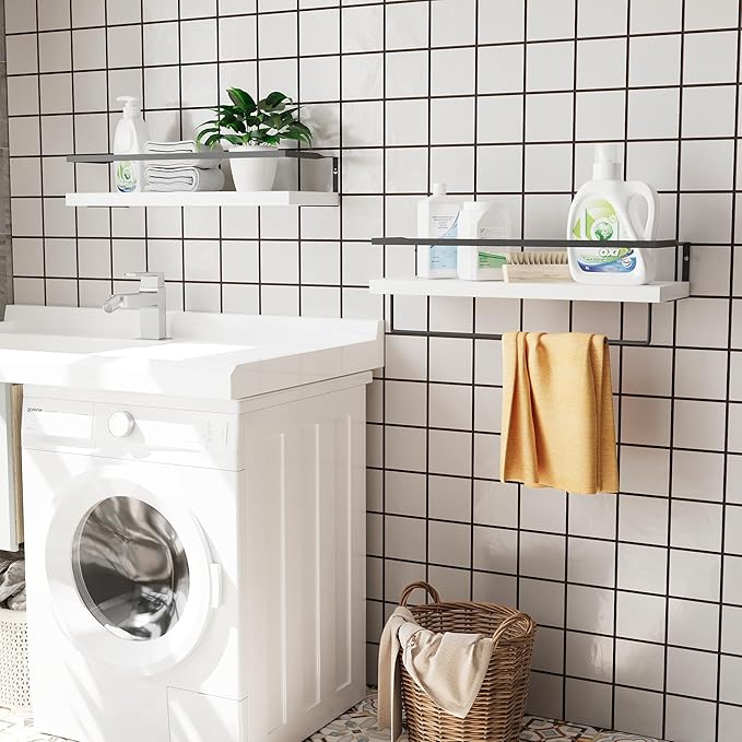 White Wood Floating Shelves Wall Mounted - 2+1 Tier Rustic Bathroom Wall Shelves Over Toilet with Towel Bar, Natural Wood Set of 2 Farmhouse Floating Shelf for Bathroom, Kitchen, Bedroom.
