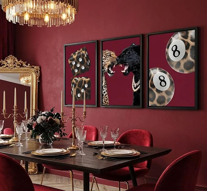 3Pcs Framed Trendy Leopard Canvas Wall Art Funky Lucky 8 Ball Pictures Wall Decor Eclectic Cheetah Preppy Aesthetic Posters Prints Paintings for Bedroom Dorm Living Bathroom Home Decoration