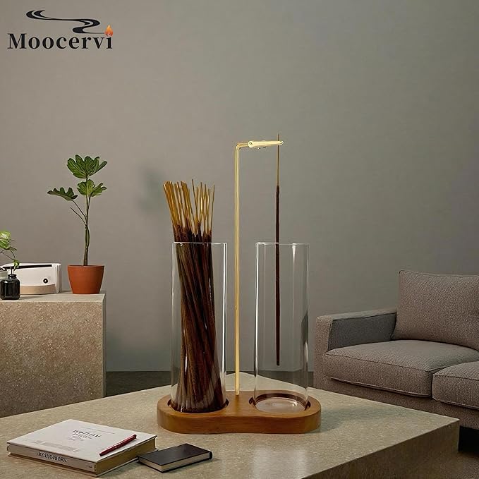 Incense Holder,2 in 1 Incense Sticks Burner Holder with Storage,Hang Upside Down Incense Holder for Sticks with Glass Ash Catcher for Meditation Yoga Spa Room Decor (Brown)