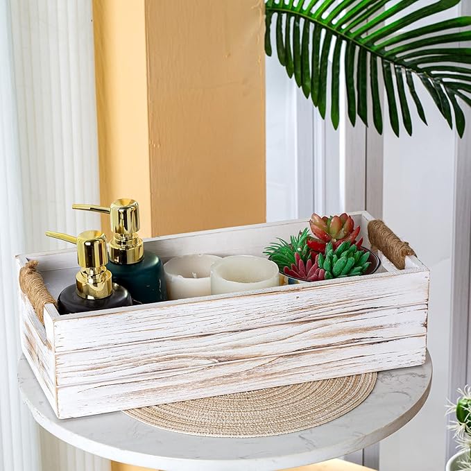 TIMRIS Rustic Wooden Toilet Paper Holder, Farmhouse Bathroom Decor, Toilet Tank Basket, Decorative Storage Container (Whitewash)