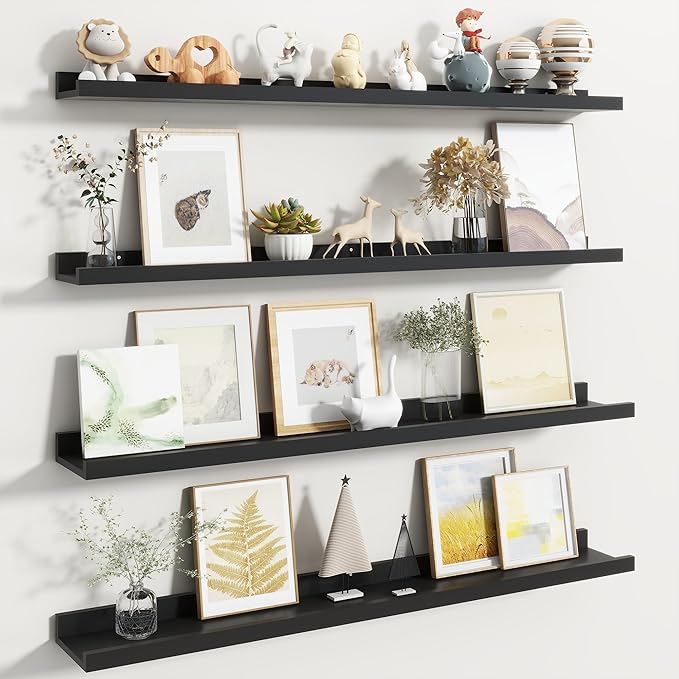 Fun Memories Picture Ledge Shelf, Black Floating Shelves Set of 4, 40 Inch Picture Shelves for Wall with Ledge, Large Nursery Book Shelf for Toys Storage, Living Room, Bedroom Decor Frames