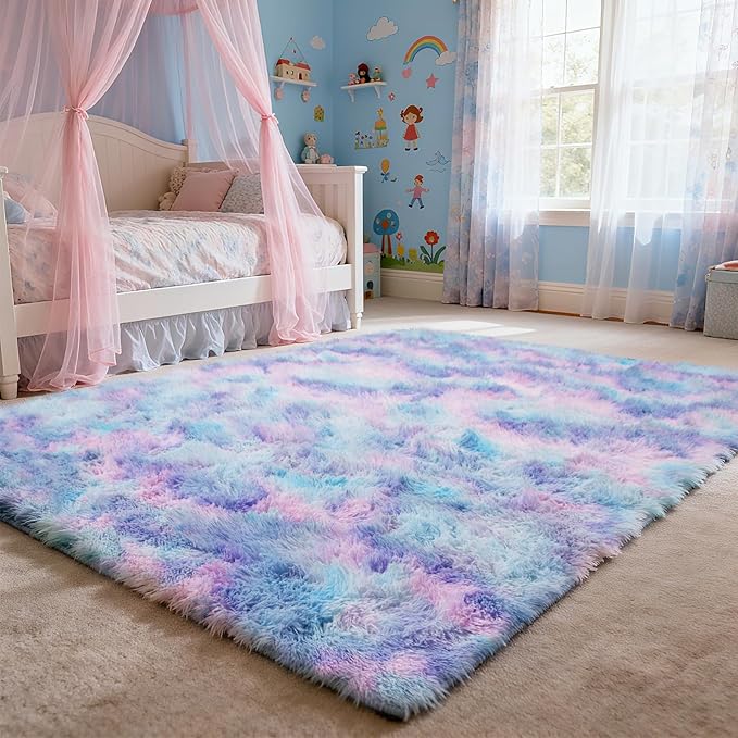 6x9 Fluffy Area Rug for Living Room,Shag Area Rugs for Bedroom,Soft Fuzzy Rug Non-Shedding Indoor Plush Carpet for Kids Bedroom Nursery Dorm Home Decor,Rainbow Purple