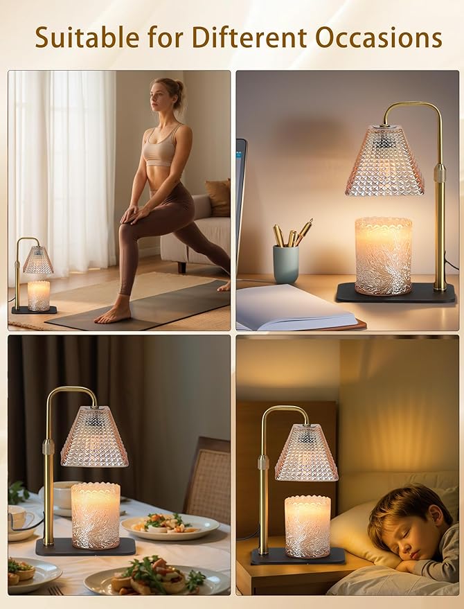 Candle Warmer Lamp with Timer & Dimmer, 2 Bulbs, Height Adjustable, Fit All Size Jar Scented Candles, Safe Aromatherapy Light for Sleep, Work, Yoga, Bedroom, Office, Gift (Champagne Pyramid)