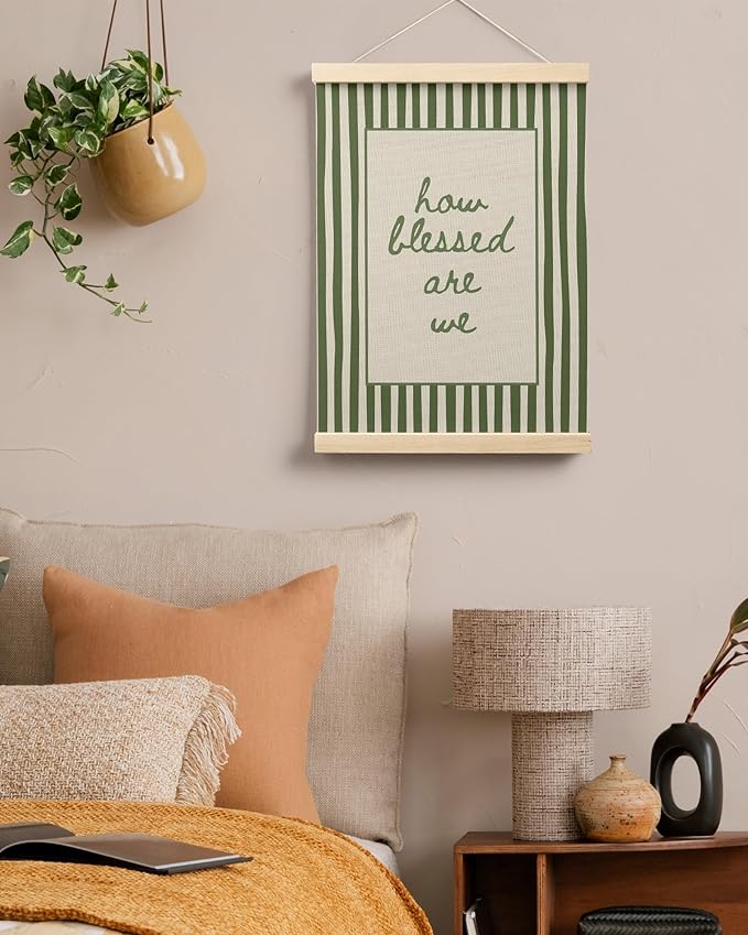 FGFK How Blessed Are We Christian Wall Art Poster Hanger Frame, Christian Home Decor, Trendy Retro Green Striped Religious Bible Verse Canvas Prints Framed Wall Decor for Bedroom Room Dorm, 12x16 Inch
