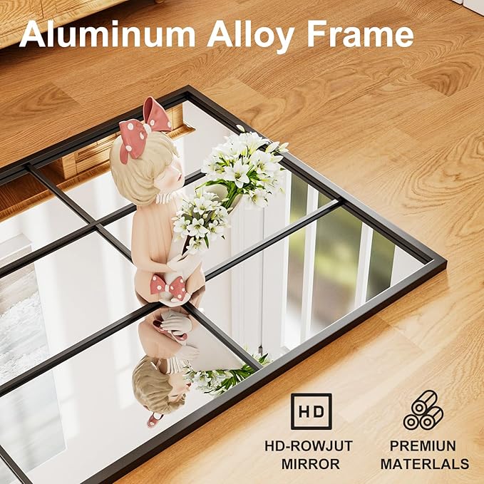 Rowjut Full Length/Floor Mirror, 71"x 32" Window/Wall Decorative Mirrors, Aluminium Framed Window Pane Mirror, Square Wall Mirror for Entryway, Living Room, Bedroom, Fireplace (Black)