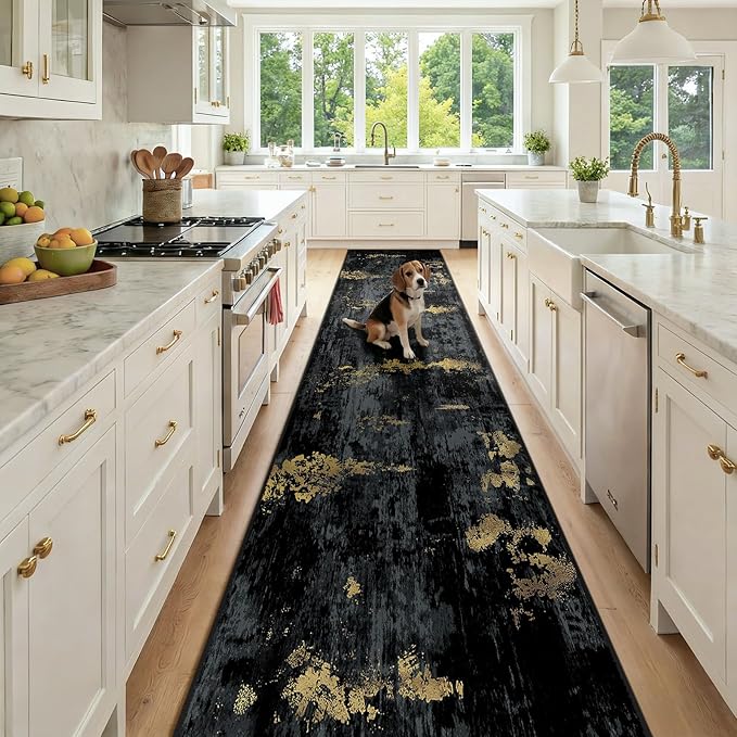 RELEANY Washable Area Rugs 2'6"x14 Non-Slip Modern Abstract Soft for Living Room Entryway Bedroom Nursery, Print Pattern, Dark Black Gold
