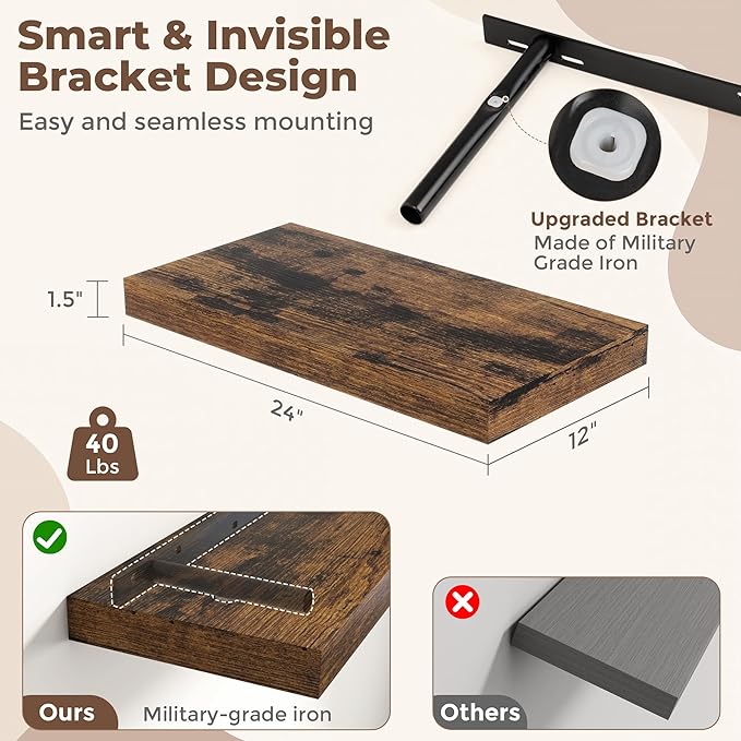 12 Inch Deep Floating Shelves for Wall, 24 x 12 Rustic Wood Grain Bathroom Shelves with Invisible Brackets, Easy Install Wood Storage Shelves for Kitchen, Living Room, Bedroom, Rustic Brown, Set of 2