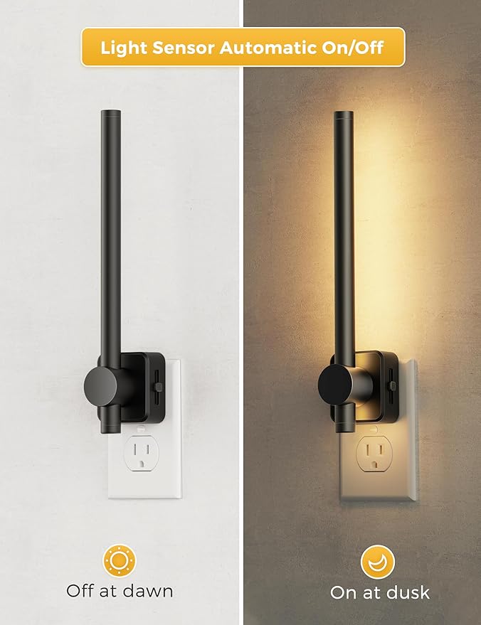 L LOHAS LED Night Light, [2 Pack] Night Lights Plug into Wall, 0-200LM Bathroom Nightlight, Dusk to Dawn Sensor 2W Dimmable Nightlights, Soft White 3000K, Modern Black Night Light for Mirror Restroom