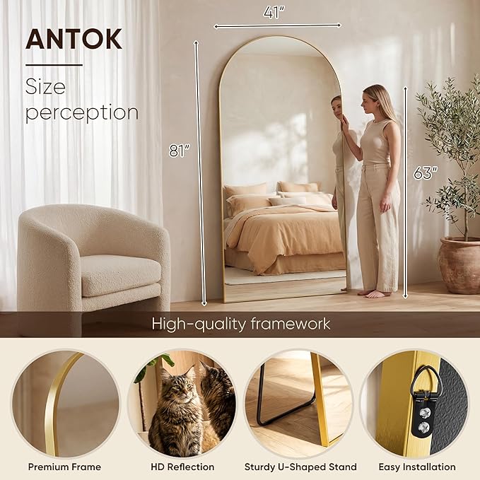 Antok 81" x41” Arched Full Length Floor Mirror, Gold Aluminum Frame, Free Standing/Wall Mount/Leaning for Bedroom, Living Room, Dressing Room