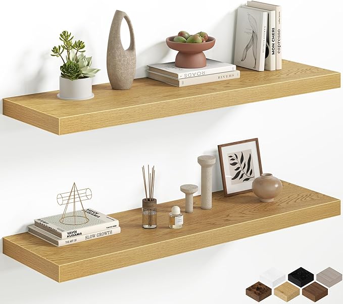 Fun Memories 40 Inch Floating Shelves, 12 Inch Deep Wall Shelves, 40 x 12 Floating Shelf Set of 2, Oak Wood Floating Shelf Wall Mounted, Large Kitchen Living Room Bedroom Bathroom Storage Shelves