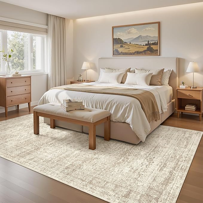 Soalmost 4x6 Area Rugs for Living Room, Vintage Washable Rugs for Dining Room, Bedroom, Home Office Decor, Non-Slip Beige Carpet Thin Rug