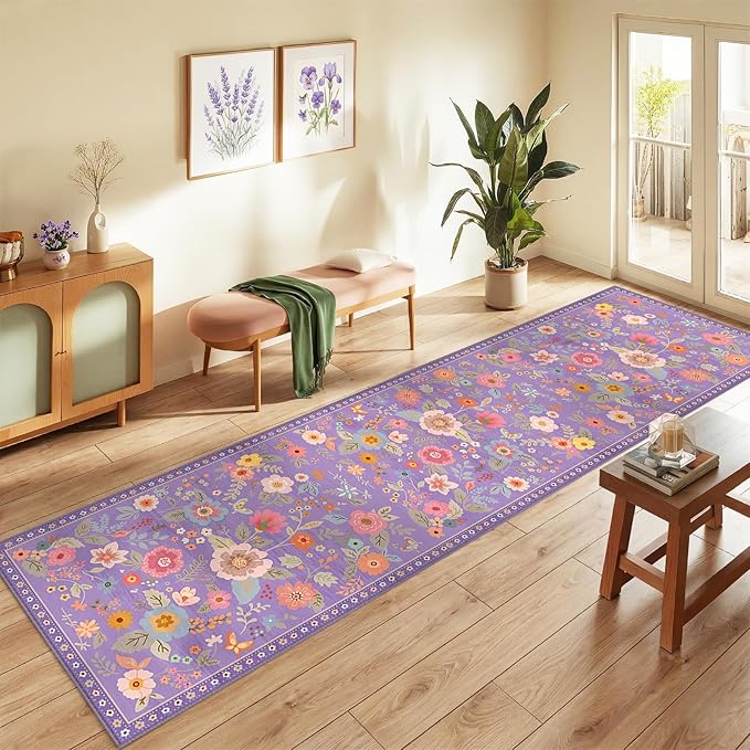 RELEANY Floral Nursery 2x10 Area Rugs Washable Print Boho Cute Carpet Non Slip Flower Low Pile for Living Room Kids Girls Playroom Bedroom Kitchen Office Farmhouse-Purple/Pink/Multi