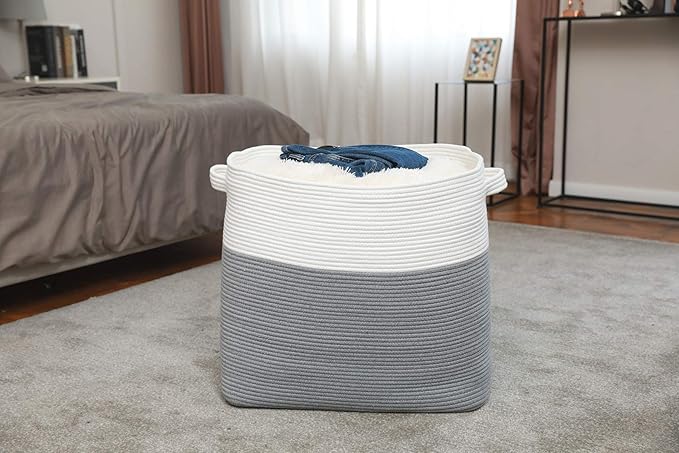 22”x14”x18” Rectangular Extra Large Storage Basket with Lid, Cotton Rope Storage Baskets, Laundry Hamper, Cloth Bin, for Clothes Blankets Storage in Living Room, Grey Basket with Lid