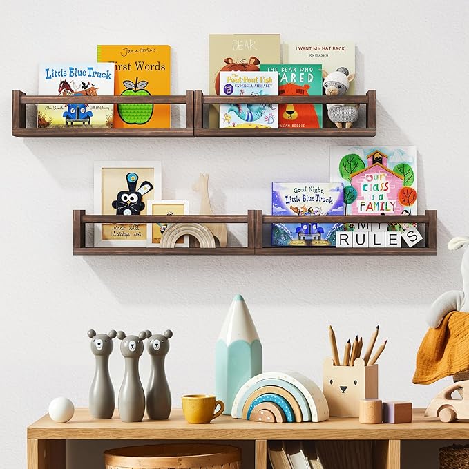 Fixwal Nursery Book Shelves, 16.5 Inch Nursery Shelves for Kids Rooms, Floating Shelves for Wall Set of 4, Solid Wood Wall Mounted Shelves for Books and Toys Storage (Brown)