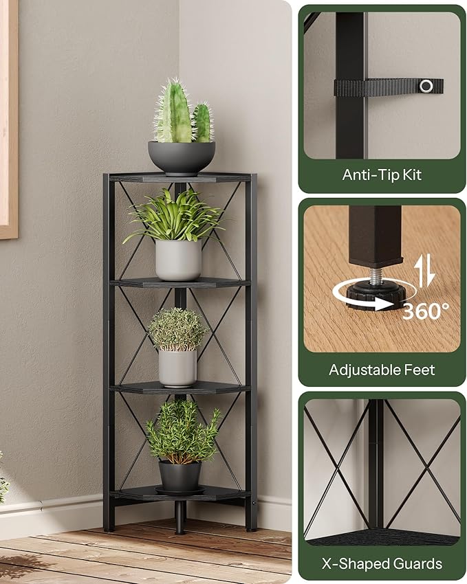 CHOEZON 4-Tier Corner Shelf, Corner Bookcase, 43.3" Tall Vertical Display Rack, Plant Stand, Open Storage Shelf, for Living Room, Bedroom, Study, Kitchen, Black TCJ14BB