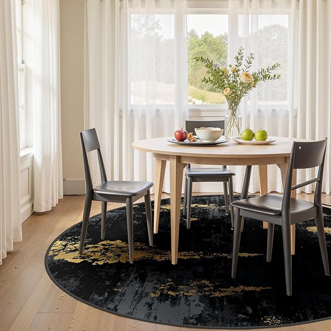 RELEANY Washable Area Rugs 6ft Non-Slip Modern Abstract Soft for Living Room Entryway Bedroom Nursery, Print Pattern, Dark Black Gold