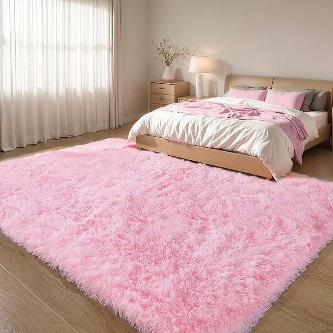 Pink Fluffy 8x10 Large Area Rugs for Bedroom Living Room Girls, Soft Washable Fuzzy Furry Shag Rug for Kids Room, Nursery, Dorm Decor, Cute Plush Carpet for Baby Toddler