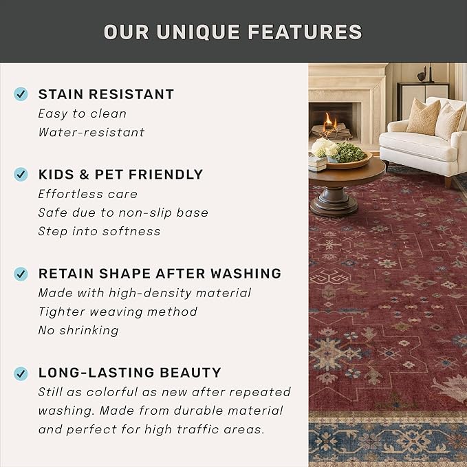 Hazo Haus Moroccan Big Rugs for Living Room - Dark Red 10x12 Area Rug for Large Bedroom, Dining Room, Washable Lightweight Foldable Oriental Burgendy Home Décor