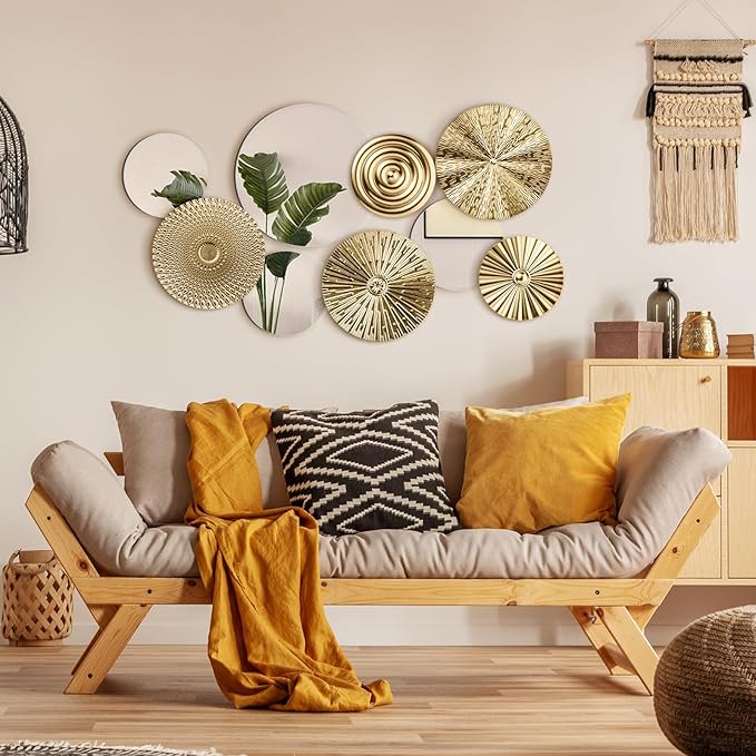 Blulu 9 Pcs Gold Mirror Wall Decor Metal Round Home Art Decor Decorative Modern Circle Mirror Wall Art Sculpture Hanging Decorations for Home Living Room Office