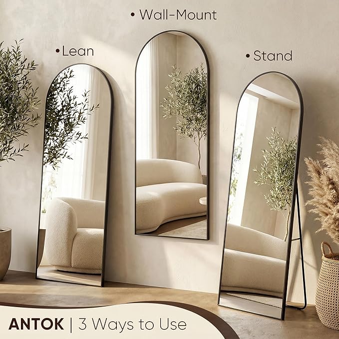 Antok 58" x21” Arched Full Length Floor Mirror, Black Aluminum Frame, Free Standing/Wall Mount/Leaning for Bedroom, Living Room, Dressing Room