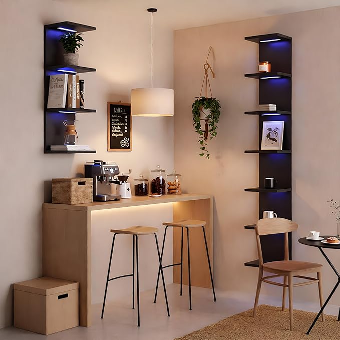 VIWODS 7-Tier Wall Shelf with 10 RGB Lighting Modes, Multifunctional Wall Mounted Vertical Display Floating Shelf for Bedroom Living Room Vanity, Black