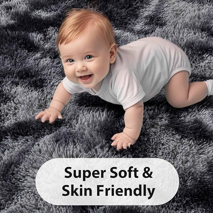 FinRèc 9x12 Feet Rugs for Living Room Bedroom, Soft Dark Grey Fluffy Area Rug, Non-Slip Solid Shag Rug for Nursery Kids Room Dorm Room Home Decor, Indoor Floor Carpet