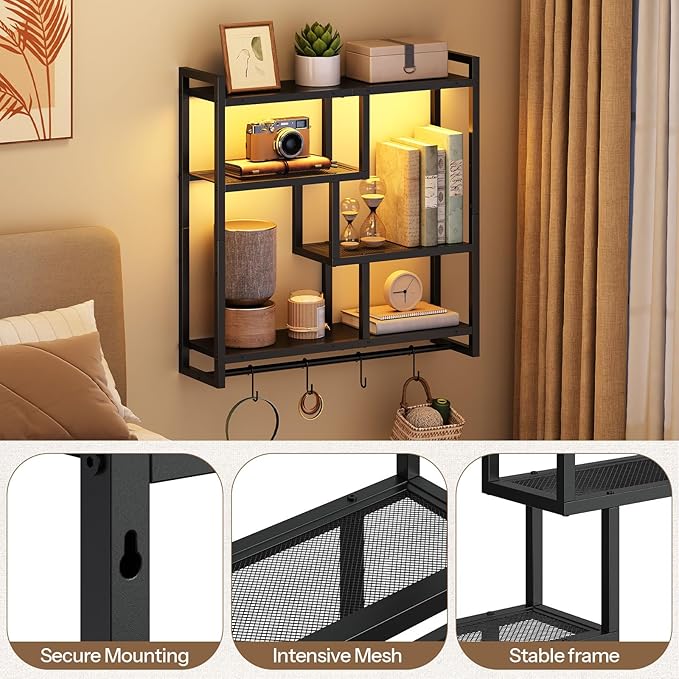 HOOBRO Gaming Floating Shelves with LED Lights, 28.7" LED Wall Mounted Shelf, 4-Tier Floating Wall Shelf for Storage, Display Rack with Hanging Bar and 4 S Hooks, for Gaming Room, Black BB37DBJ01