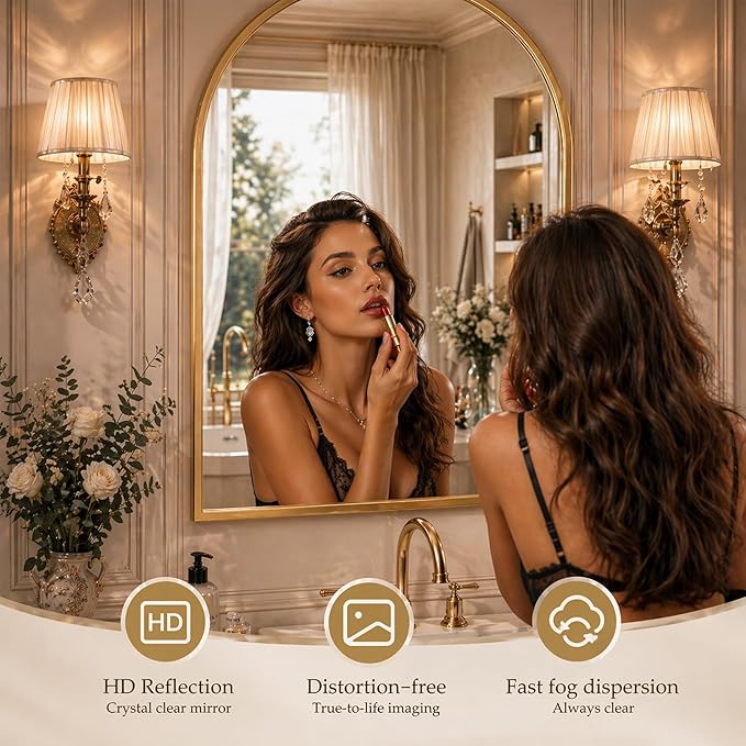 24"x36" Arched Gold Bathroom Mirror – Metal Framed with HD Shatter-Proof Glass, Wall-Mounted for Over Sink, Entryway, Living Room, Bedroom