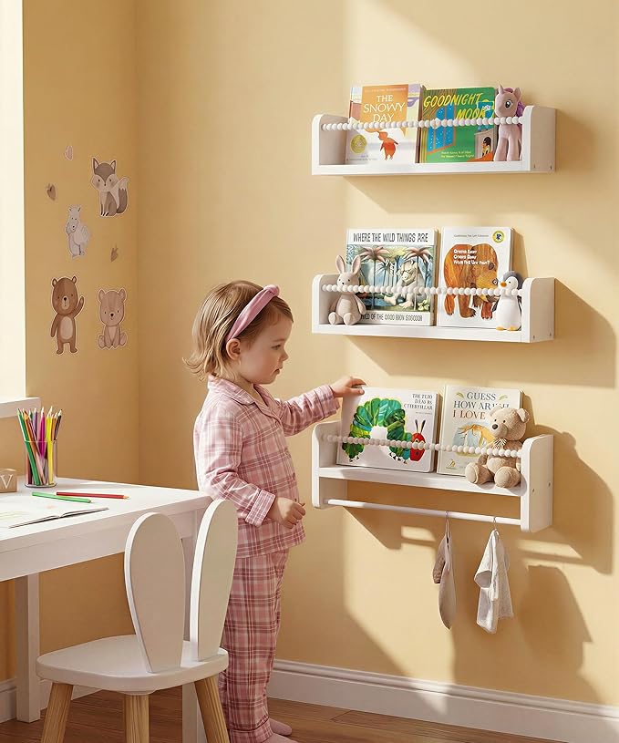 Nursery Book Shelves for Wall Set of 3, White Natural Wood Bookshelf Wall Decor, Small Floating Shelf Organizer for Kids Room, Bedroom, Kitchen Spice Rack