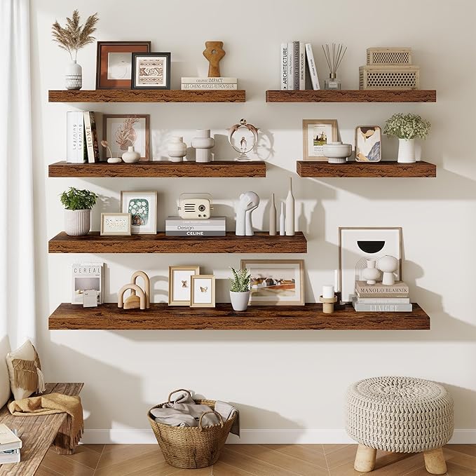 Fun Memories 72 Inch Fireplace Mantel Shelf, 12 Inch Deep Shelves for Display & Wall Storage, Rustic Wood Wall Shelf, Extra Long Floating Shelves for Living Room Laundry Room, Rustic Brown, Set of 1