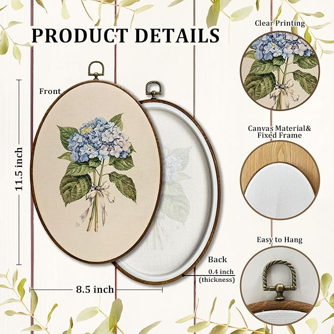 JQF Blue Hydrangea Floral Oval Wall Decor, Rustic Cottagecore Floral Oval Canvas Wall Art, Neutral Botanical Antique Flower Framed Prints Hanging Decor for Home Bedroom Living Room, 8.5x11.5 Inch