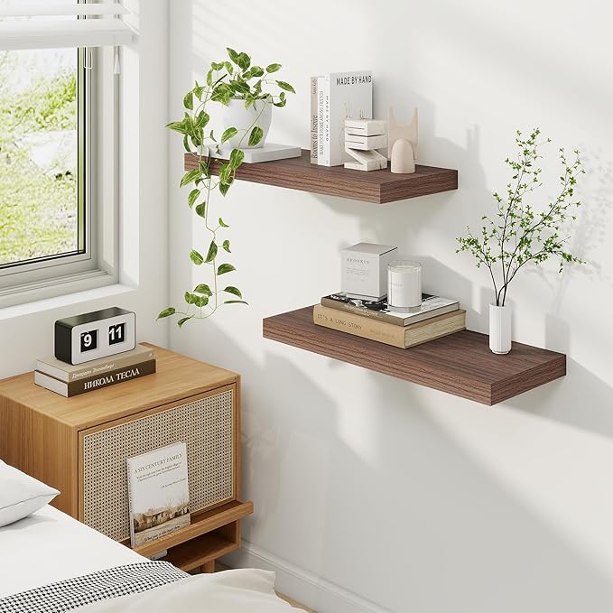 Fun Memories 24 Inch Floating Shelves, 9.3 Inch Deep Rustic Wall Shelves - Extra Deeper Wall Mounted Storage Shelves for Bathroom, Kitchen, Living Room (Walnut, Set of 2)