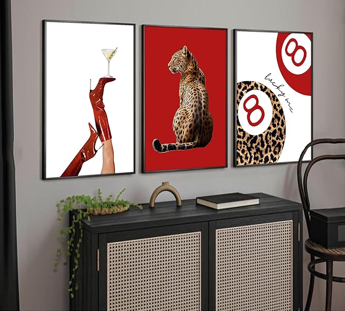 3Pcs Trendy Leopard Wall Art Preppy Funky Red Boot Martini 8 Ball Wall Decor Pictures Vintage Feminism Aesthetic Cheetah Canvas Poster Prints for Girly Bedroom Apartment Dorm Decoration 12X16Unframed